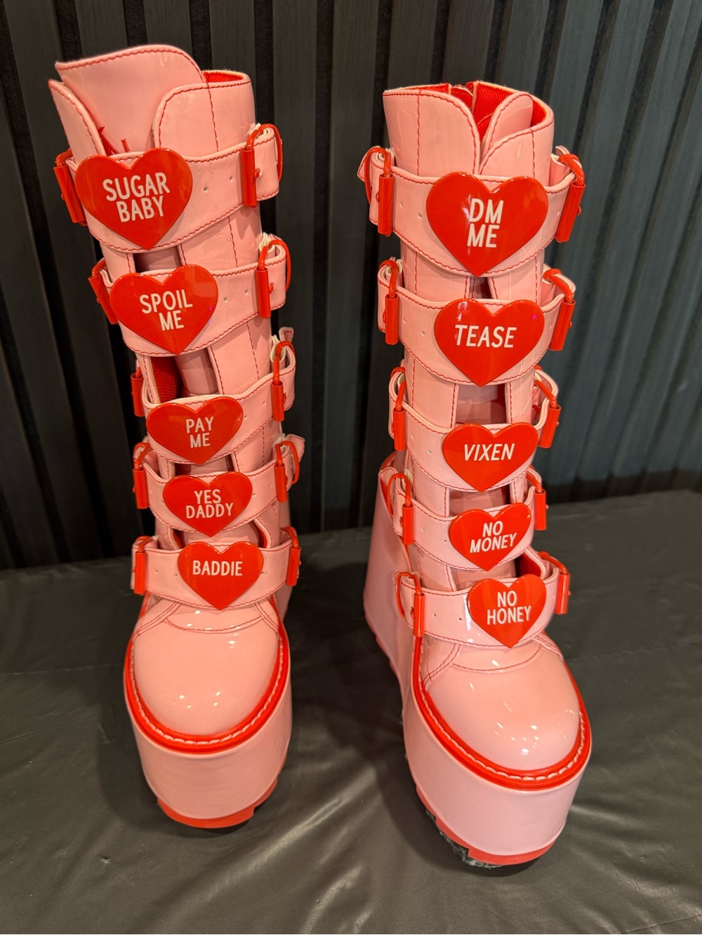 YRU Pink Platform Heart-Buckle Knee Boots with Red Accents